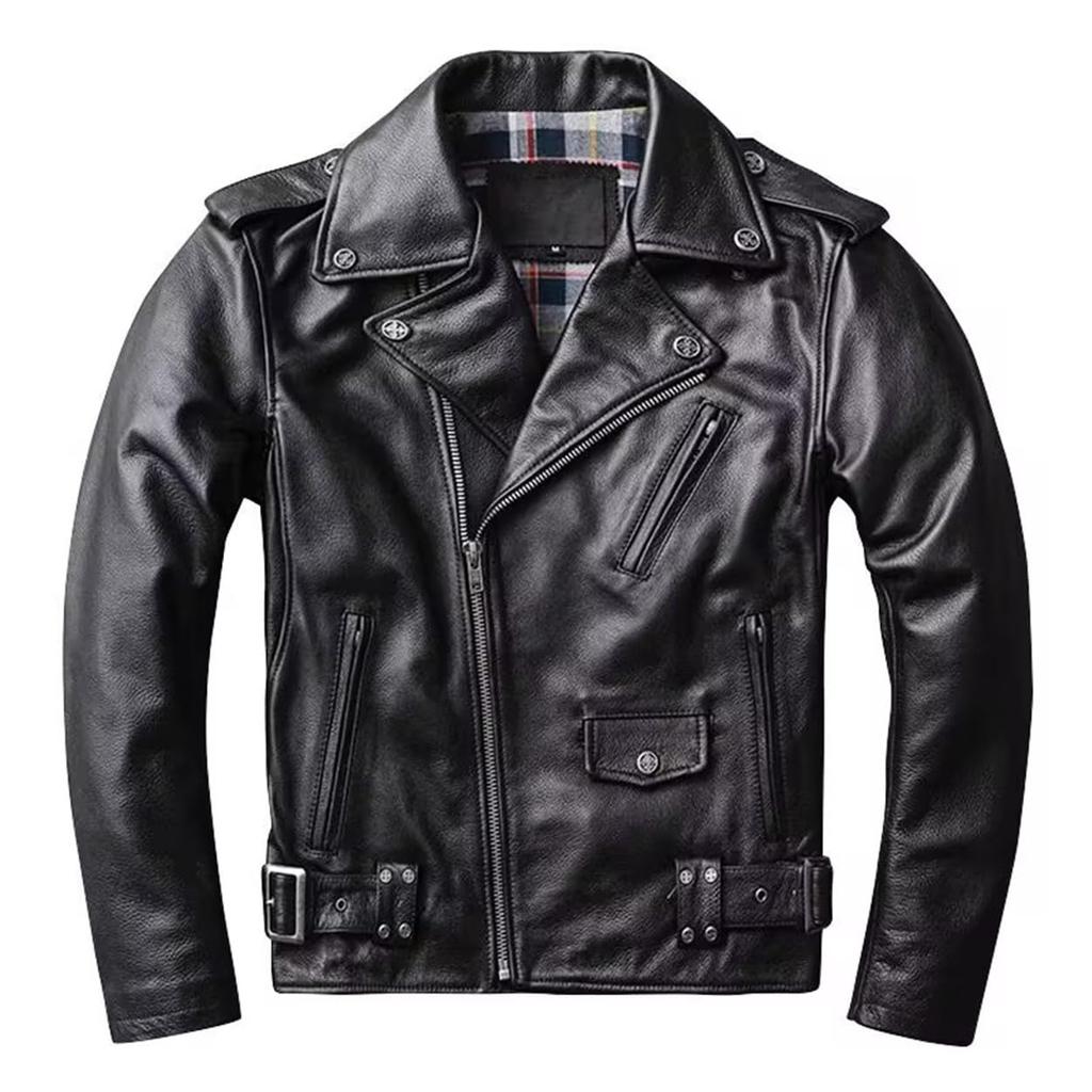 CHEJI Genuine Leather Cowhide Biker Motorcycle Denim Fashionable Jacket, Men's Coat, Jacket, Short, Jacket, Cold-Resistant, Windproof, Thick, Spring,