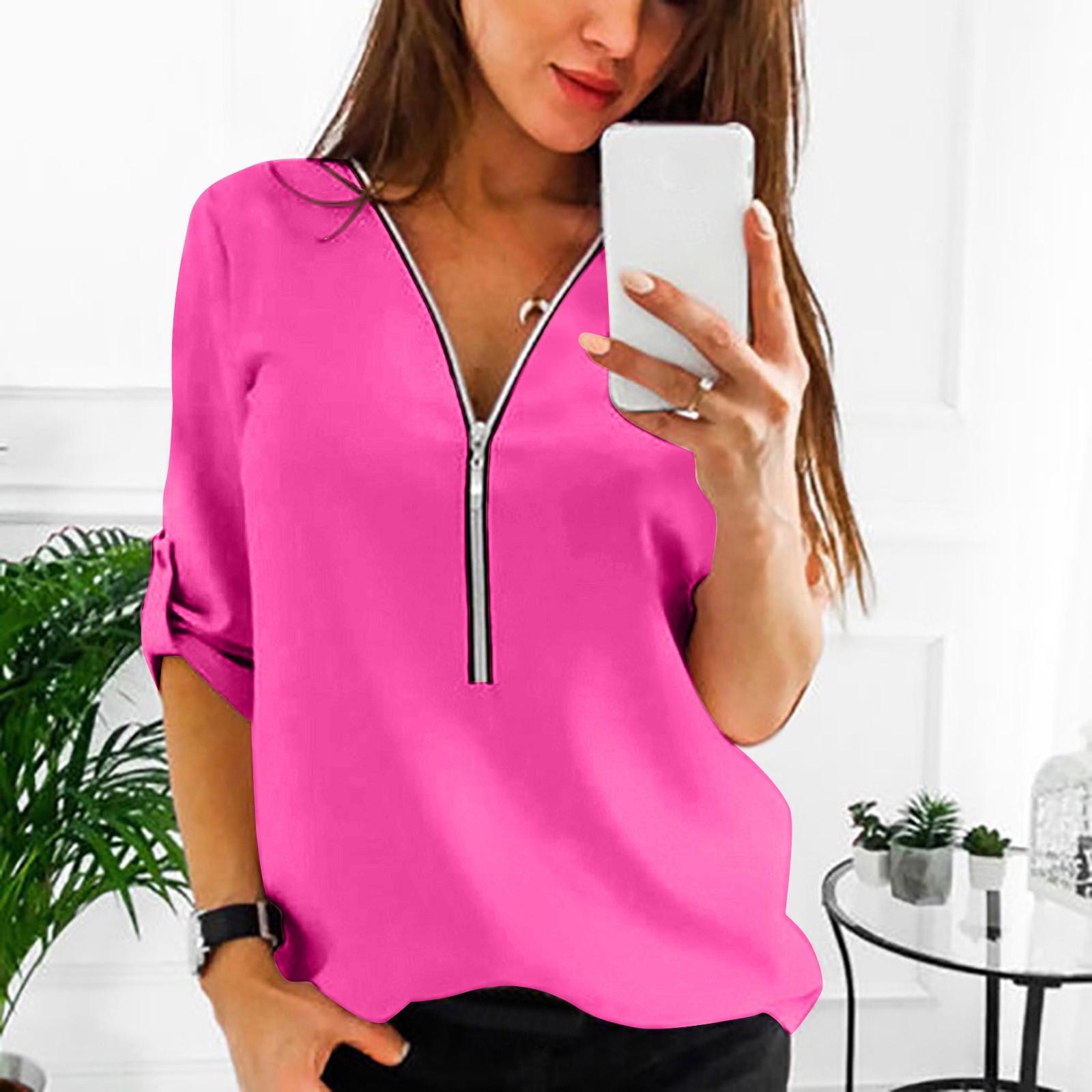 

Женская повседневная однотонная шифоновая рубашка с V-образным вырезом, рукавом семь четвертей и застежкой-молнией XXXL горячий розовый