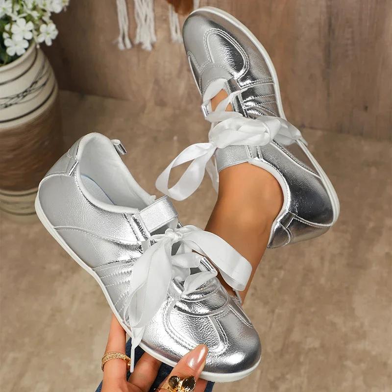 Fashion Fashion Gold Silver Women's Flat Sneakers Lightweight Soft Sole Casual Shoes Woman Comfortable Non Slip Pink Shoes Plus Size 43