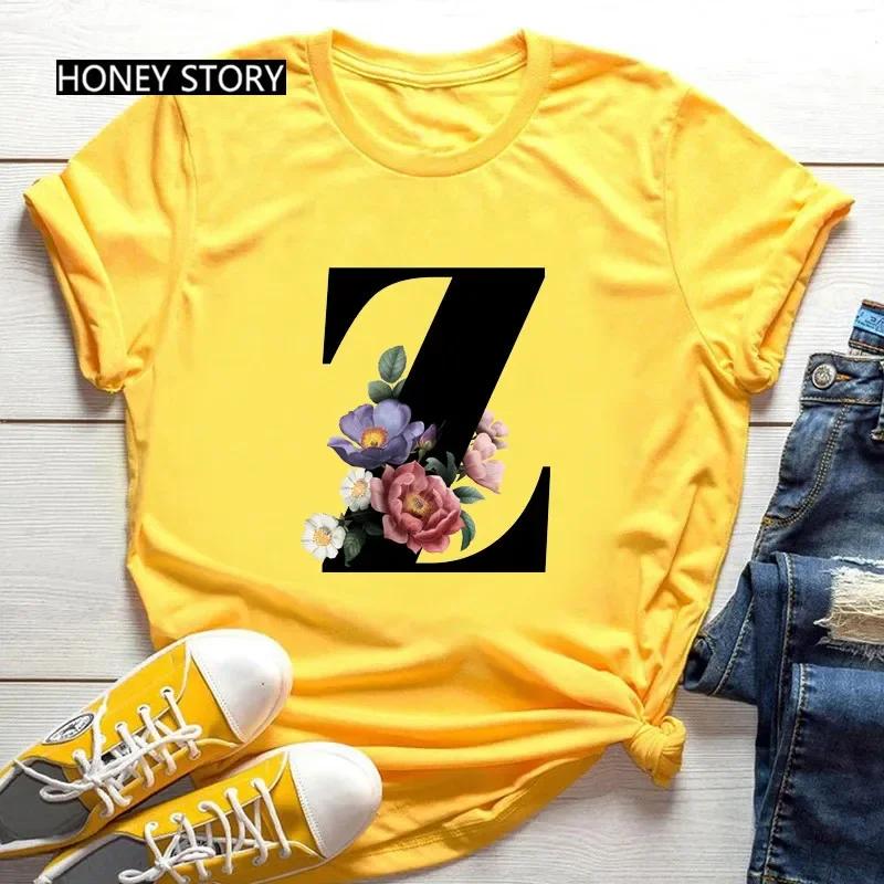 Women's Summer Short Sleeve T-Shirts Fashionable Casual Round Neck 26 English Letters Flower & Name Letter Printed Cotton T-shirts