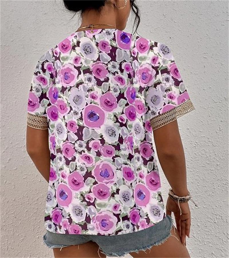 Women's V-neck Lace Loose Short Sleeve Top - Elegant Commute Style