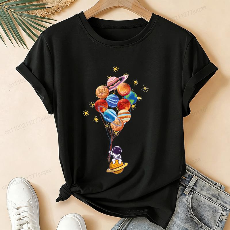 

Astronaut Printed Women Tshirt Short Sleeve Tshirt Ladies Tee Shirt Top Space Balloon Planets Birthday Graphic T-Shirts Gift M