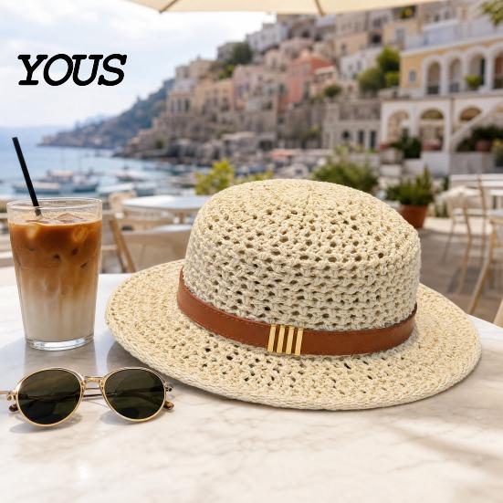 Fashionable Sun Hat for Holiday Women Wide Brim Straw Hat, with Retro Leather Belt, Lightweight Protection UV Foldable Breathable Travel Summer Beach
