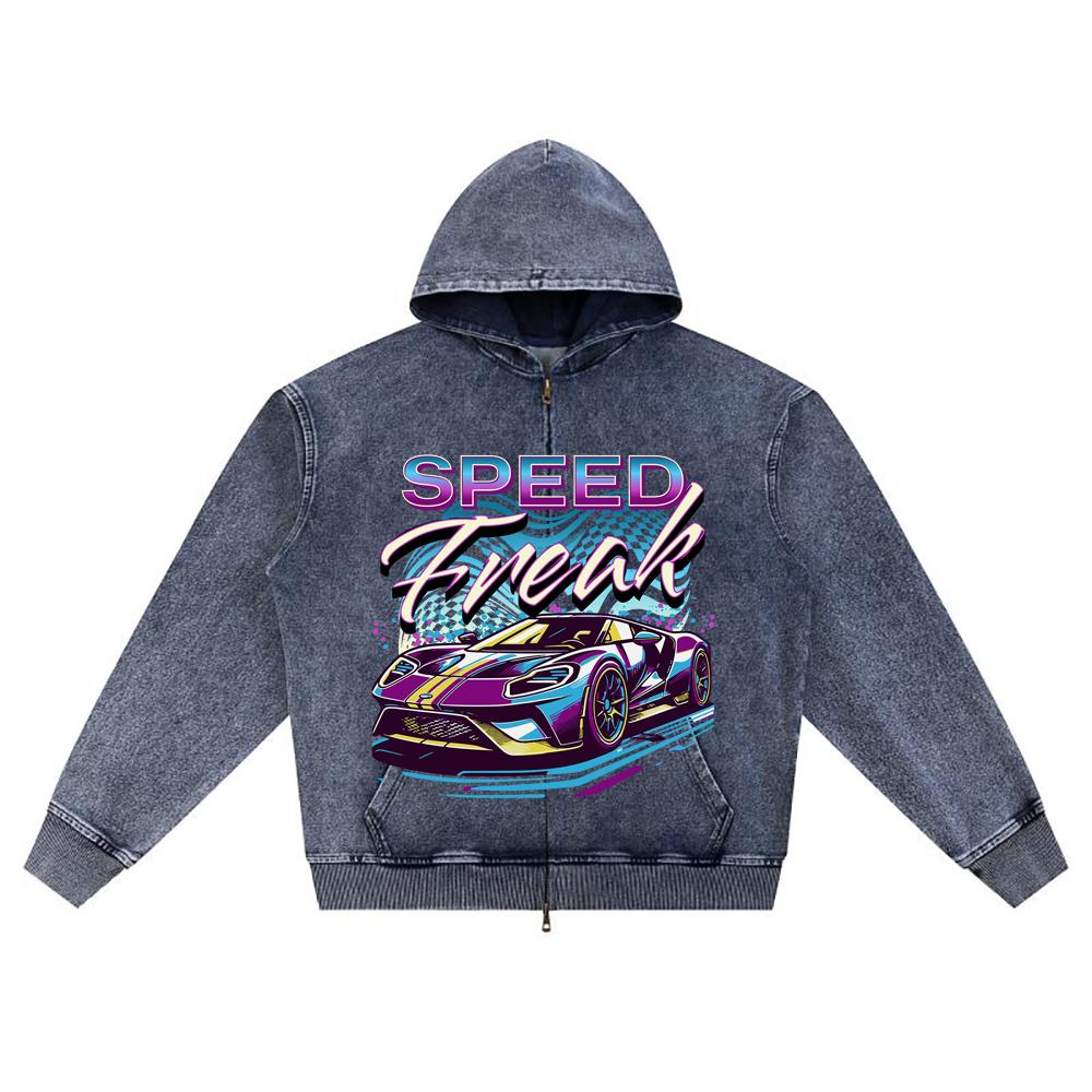 

DTG print Knitted Denim Zip-Up Hoodie Speed Freak Neon Street Racing Sports Car Brother Print Zipper Hoodies XL темно-синий