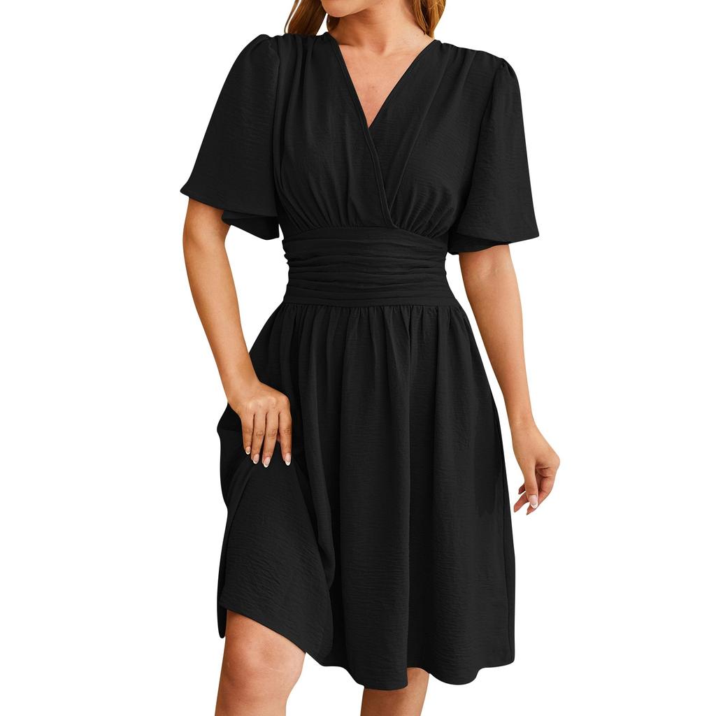 Women's Fashion Casual Solid Color V Nneck Waist Flared Sleeve Pullover Dress