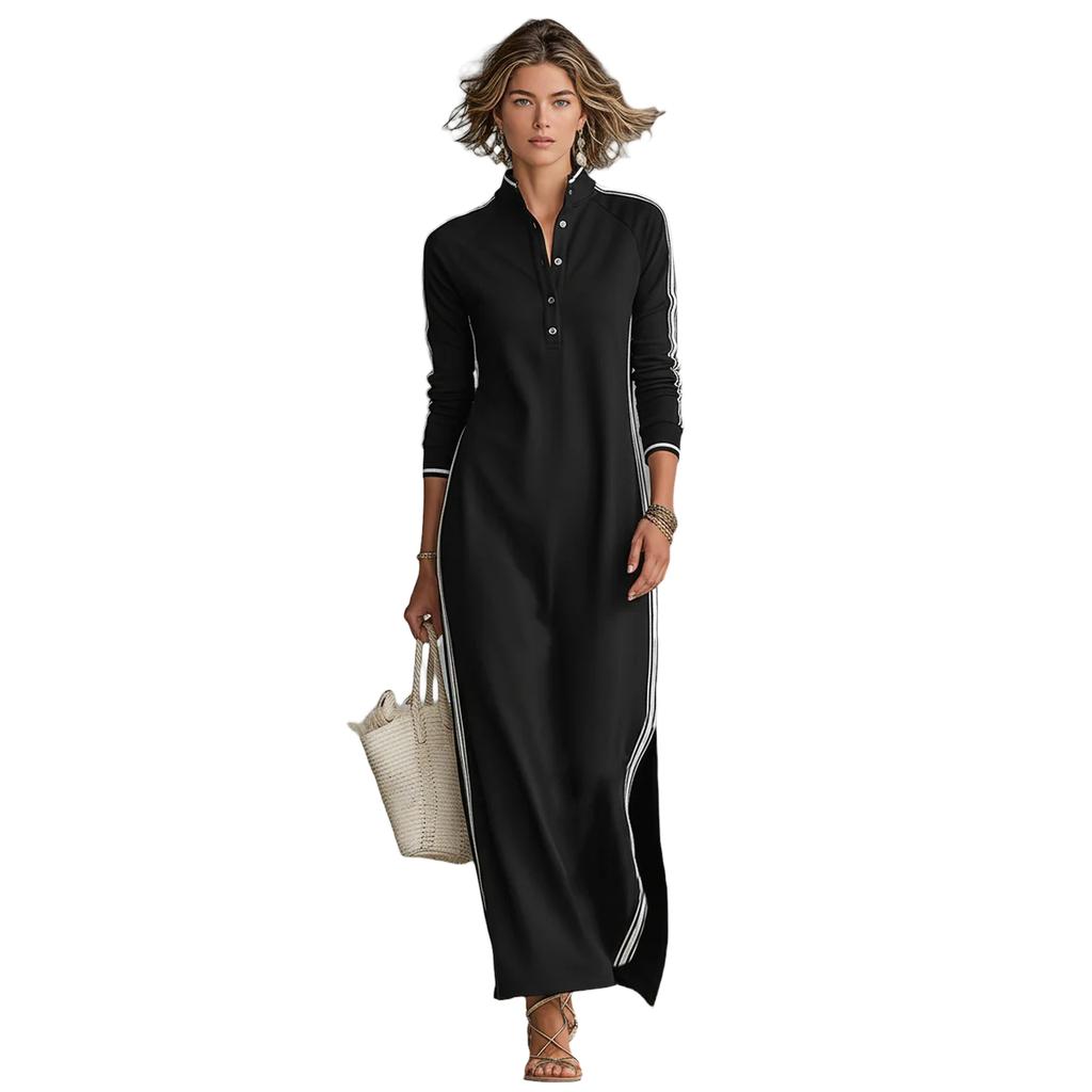Damen Langarm-Hoodie-Kleid mit Paspelknopfleiste für Freizeit und Alltag