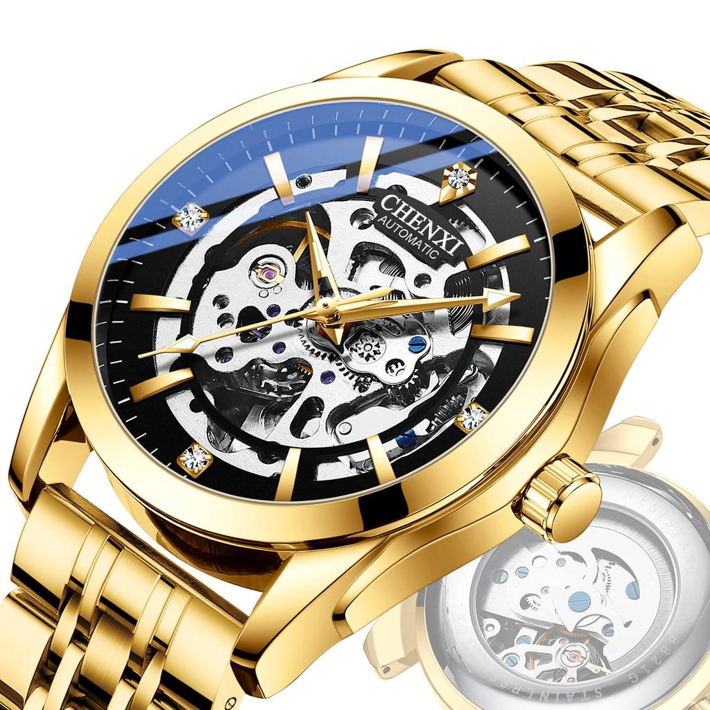 Men's Automatic Mechanical Watch 3ATM Waterproof Luminous Analog Display Stainless Steel Adjustable Belt Gold Fashion Accessory