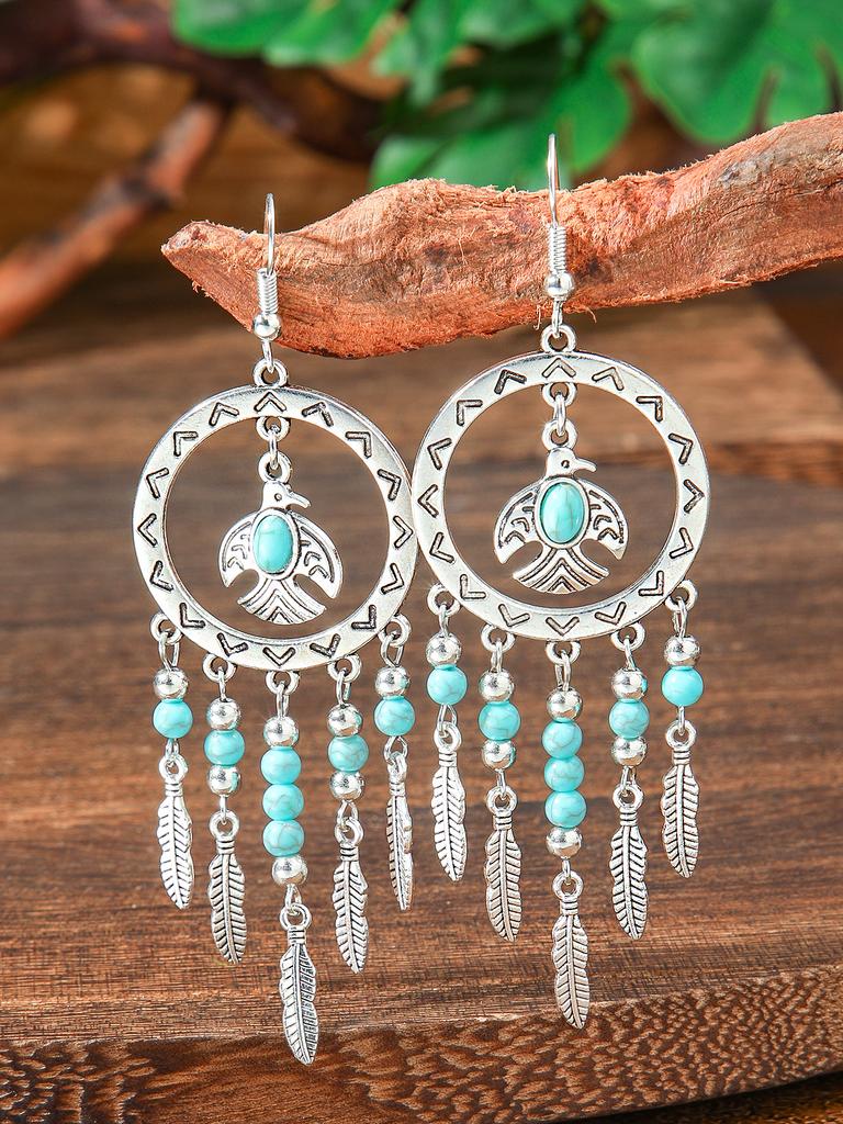 Boho Antique Silver Dangle Earrings for Women Turquoise Design Tassel Earrings Ethnic Style Work Daily Wear Gifts Versatile