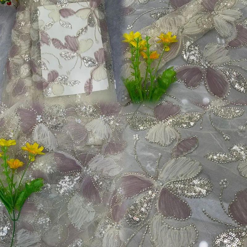 African 3D Beaded Sequins Pearls Embroidered Tulle Fabric Handmade Net Lace Fabric for Bridal Party Dresses DIY Sewing