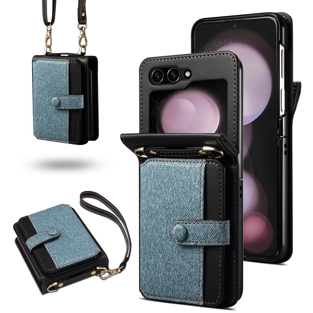 For Samsung Galaxy Z Flip6 5G Case Splicing Color Leather Phone Cover with Card Slot Holder Lanyard