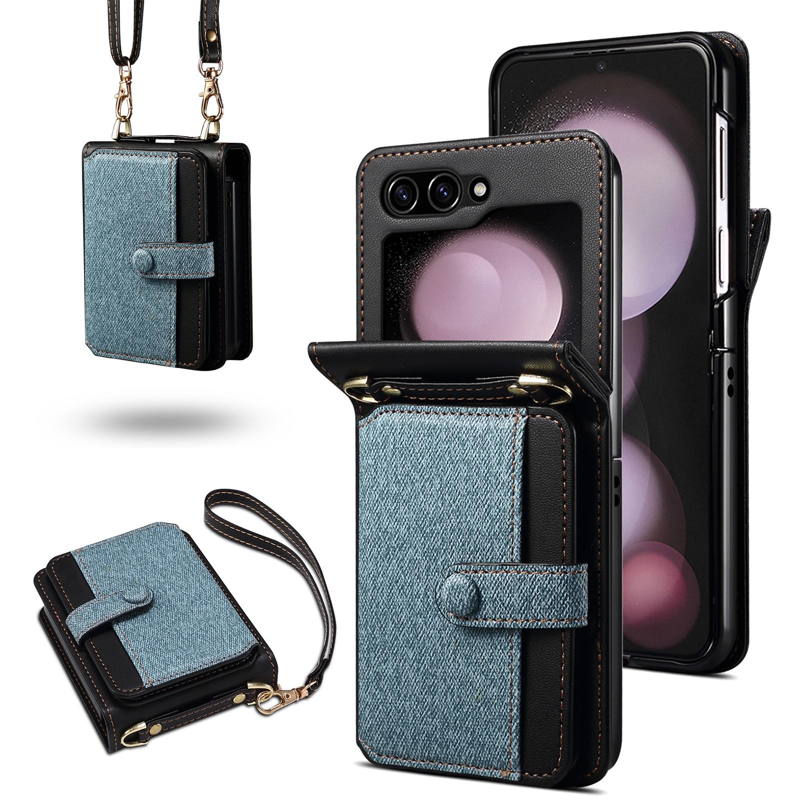 

For Samsung Galaxy Z Flip7 FE 5G/Z Flip6 5G Case Splicing Color Leather Phone Cover with Card Slot Holder Lanyard Blue