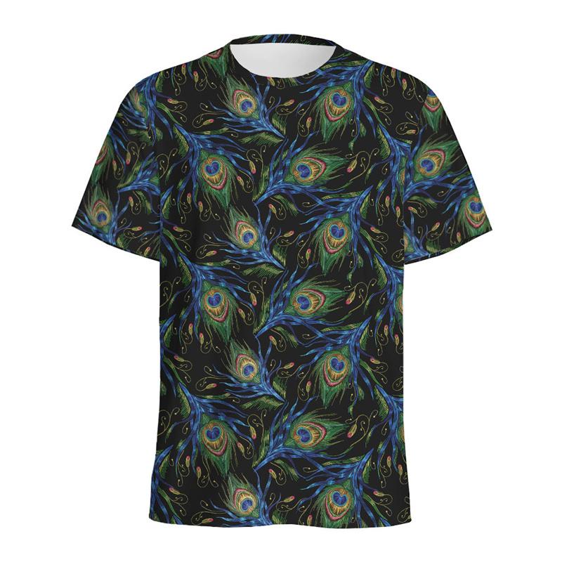 Boho Peacock Feather Pattern T-shirt For Men Vintage Crew Neck Short Sleeves 3D Printed T Shirts Women Summer Street Tees Tops