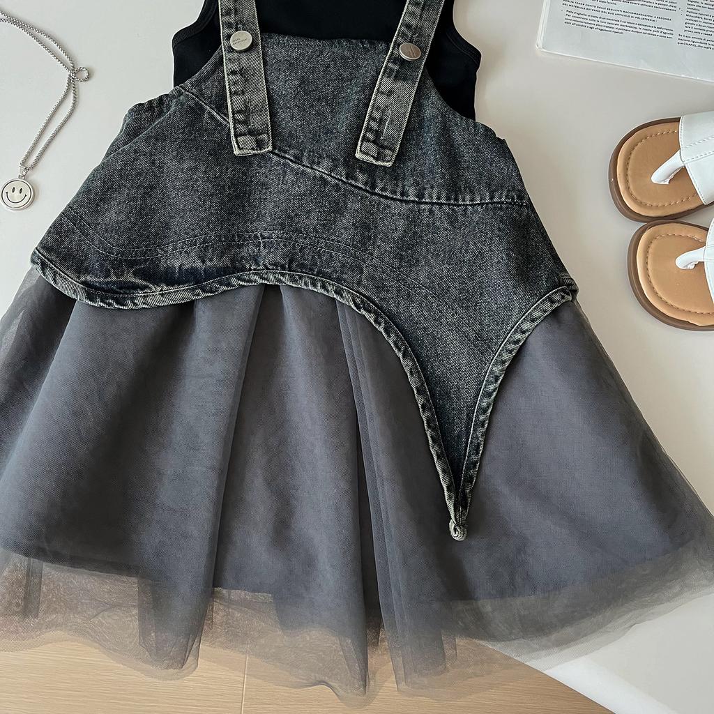 Girls' Summer Set Korean Denim Mesh Dress+vest Princess Two-piece Set Trendy