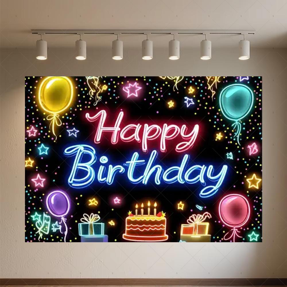 Glitter Happy Birthday Background Banner Glow Neon Dance Carnival Party Decorations Colourful Backdrop Supplies Photography Prop
