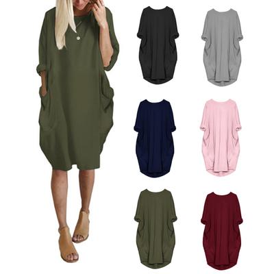 Plus Size Casual Solid Color Women Long Sleeve Loose Midi Dress with Pockets