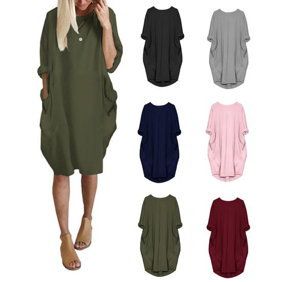 Plus Size Casual Solid Color Women Long Sleeve Loose Midi Dress with Pockets