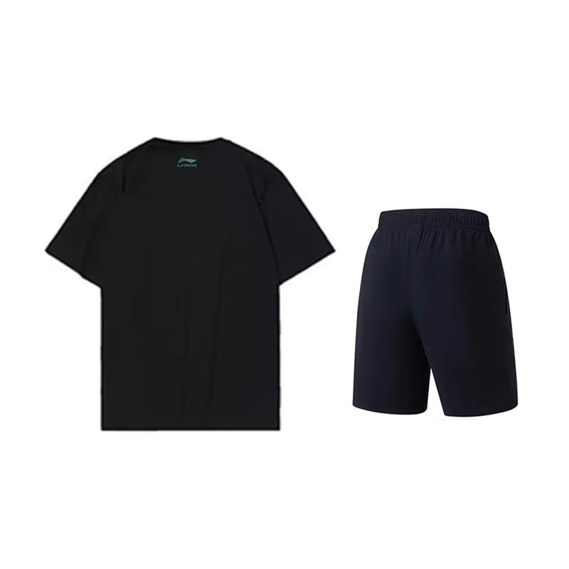 Li-Ning Letter Round Neck Versatile Short Sleeve Solid Color Comfortable Fashion Casual Sports Suit Unisex Suit Black AHST465-2+AKYT073-1