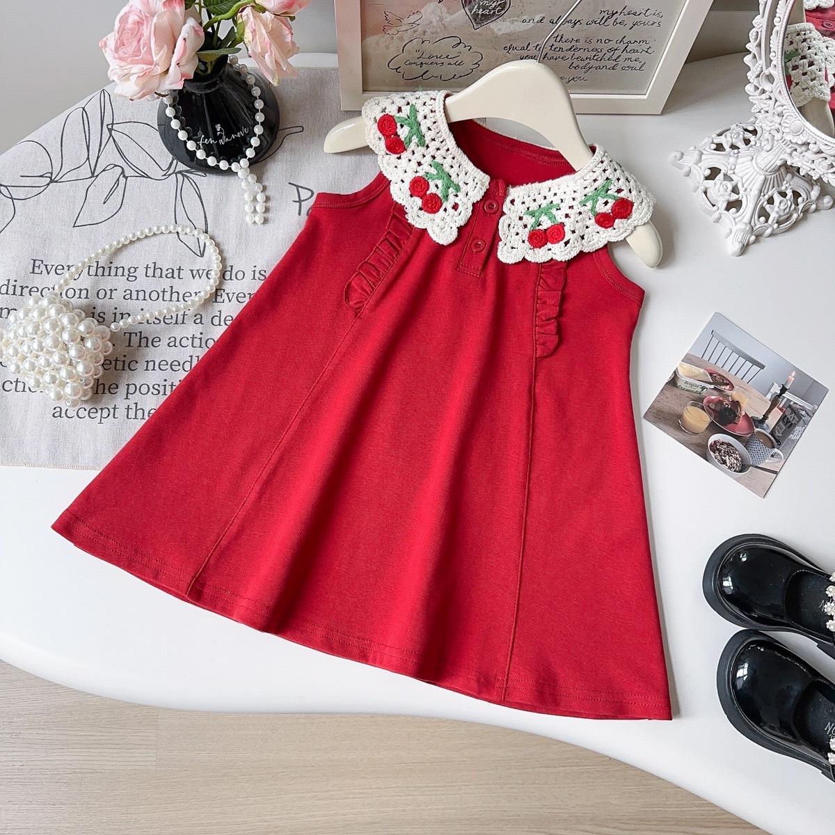 Summer Girls Cherry Print Sleeveless Princess Dress Cute Cartoon Lace Collar Vest Dress For Baby Toddler Kids Party Wear 90cm