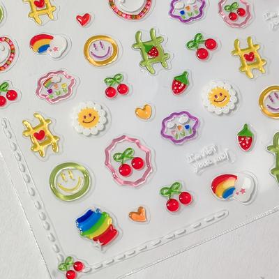 Sommer Dopamin 3D Gelee-Kleber Nagelkunst-Aufkleber, Cartoon-Muster mit Herz, Kirsche, Sonnenblume, Selbstklebend aus Kunststoff für DIY-Maniküre