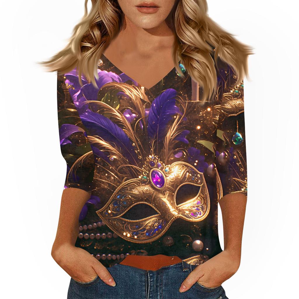 Women's T Shirt Print 3/4 Sleeve Daily Weekend Fashion Basic V- Neck Regular Top