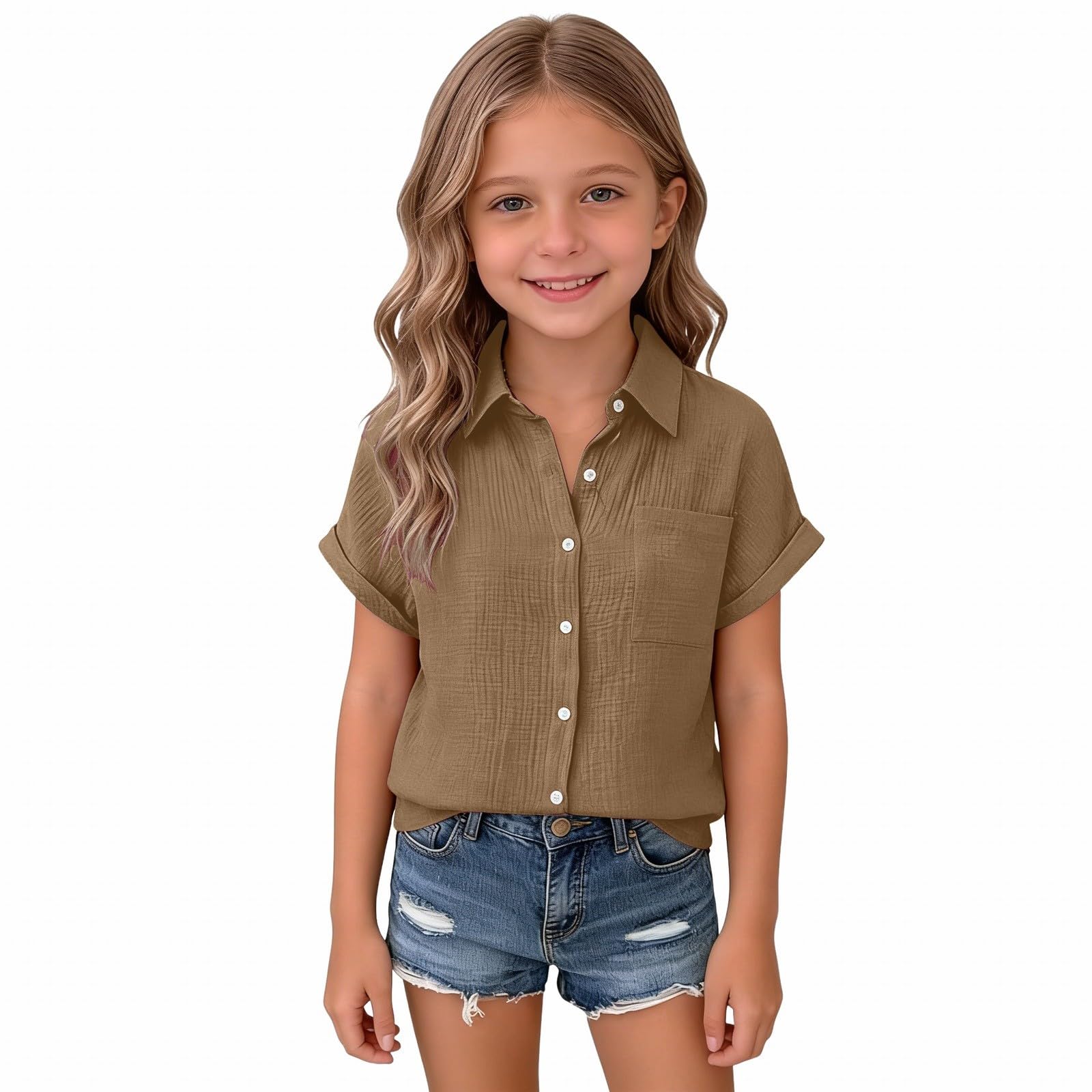 Girls  Linen V-Neck Short-Sleeve Shirt Summer Lightweight Beach Top 150