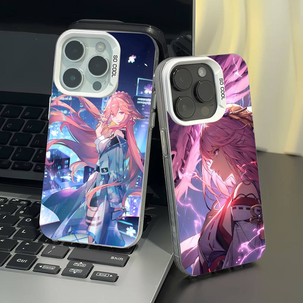 Coque de téléphone Yae Miko Genshin Impact pour iPhone 17 17Air 16 15 14 13 12 11 Pro Max Plus Colorée Argent