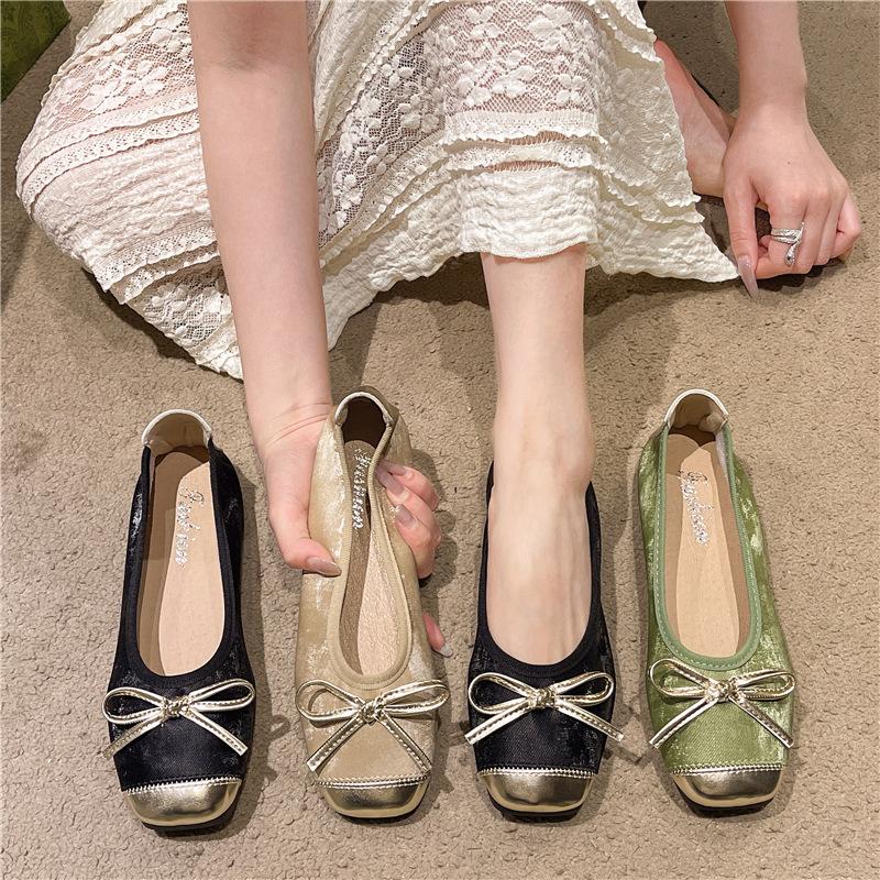 2025 New Color Matching Round Head Retro Bow Single Shoes National Style Light Mouth Soft Sole Ballet Shoes Flat Sole Single Shoes Women
