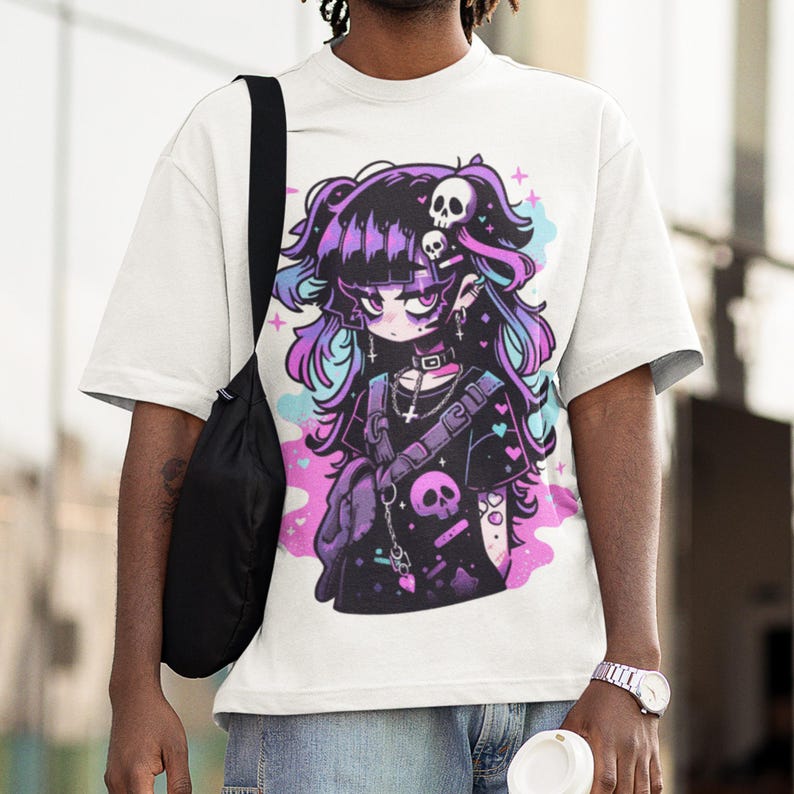 Summer Street Fashion Y2k Anime Dark Skeleton Girl Print Cyber Punk Style Personalized Versatile Cotton Short Sleeve