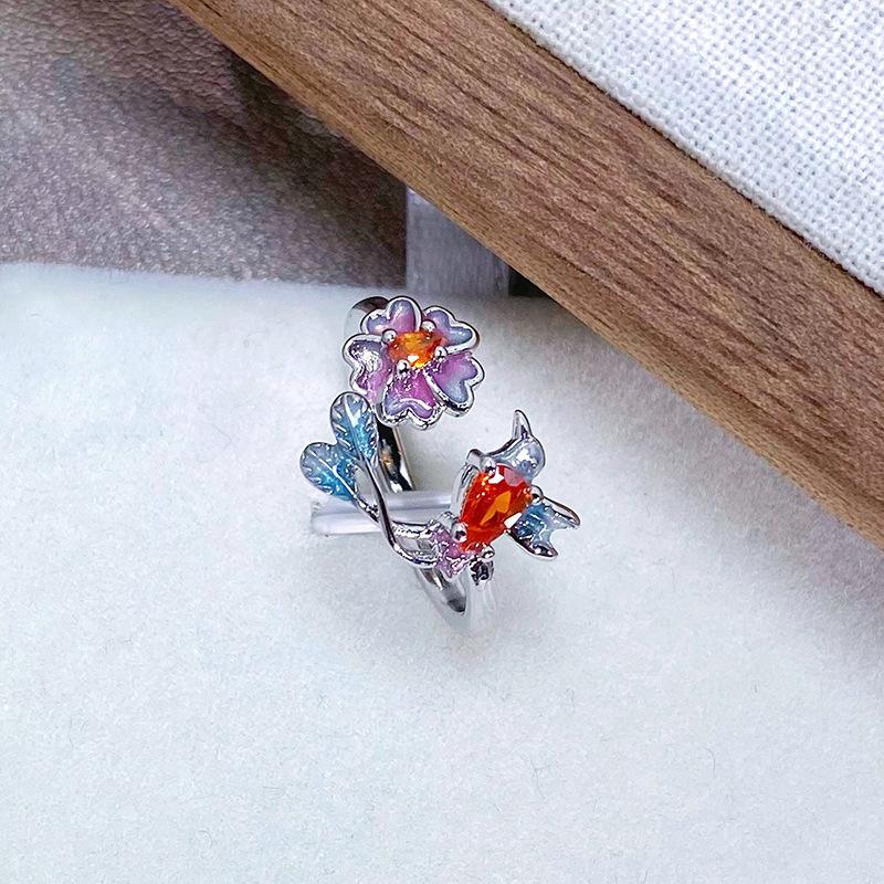 Grüner Emaille Öltropfen Schmetterling Blume Zir*****Stift Ring Klein Frisch Leichter Luxus Hoher Sinn Ring Frau
