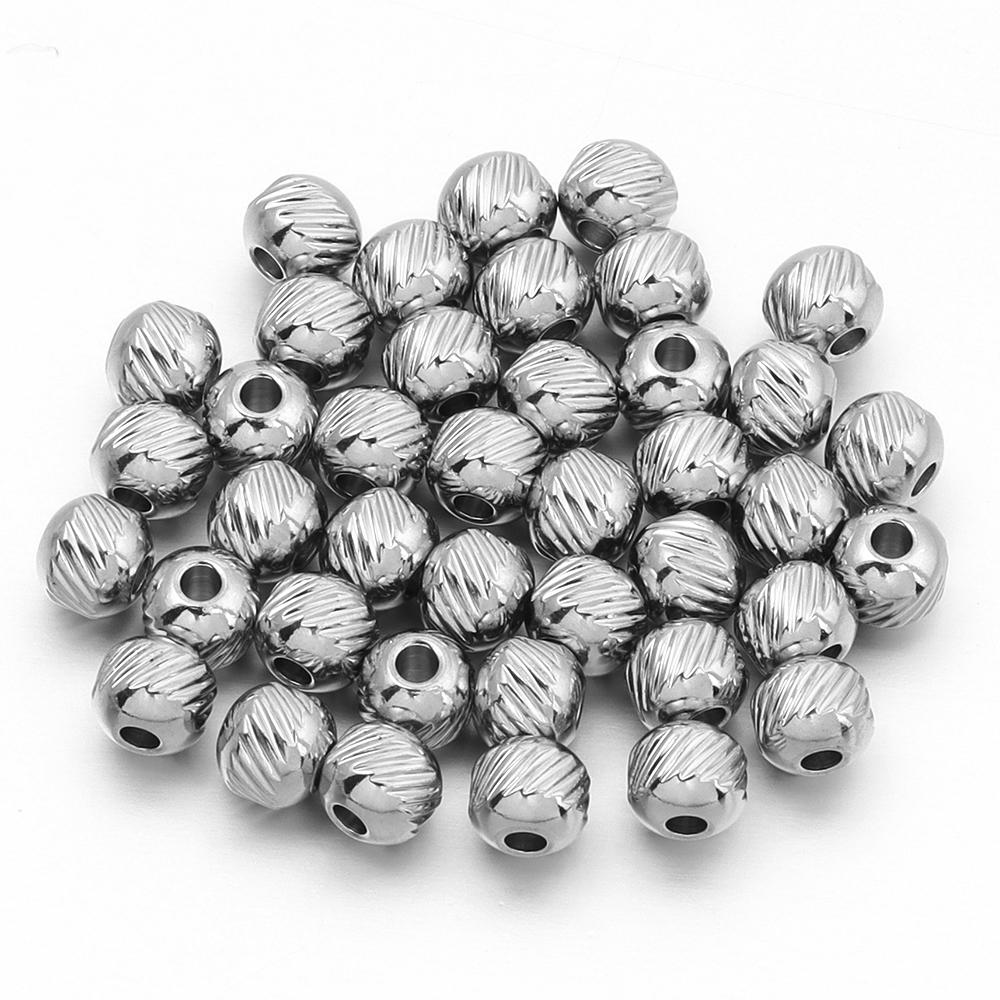 40pcs/lot 4 6 8mm Stainless Steel Beads Streaks Shape Spacers Loose Round Beads For DIY Jewelry Making Accessories Findings