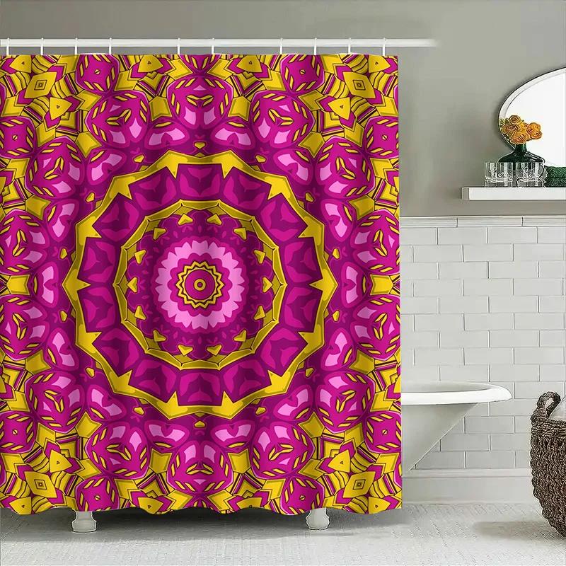 Lebendiger Mandala-Duschvorhang Rosa Gelb Floral Badezimmerdekoration Für Zuhause Badezimmer Einfache Installation Schnelltrocknendes Gewebe Moderner Stil