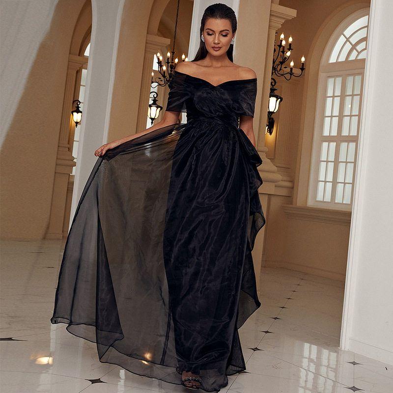Cross-Border European and American Style Adult Black Off-The-Shoulder Low-Cut Mesh Patchwork Princess-Style High-End Evening Dress for Women Black XL