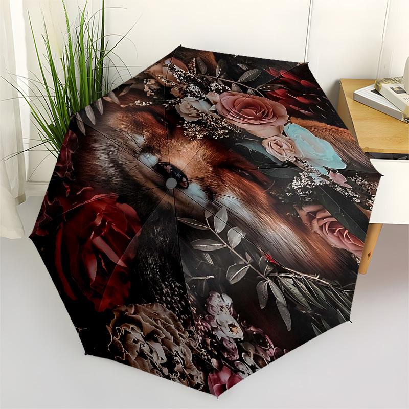 1pc Fox FlowersOpen/Close Umbrella-Windproof, Compact Travel Umbrella, Sturdy 8-Rib Shaft, Outdoor Accessory, 1063