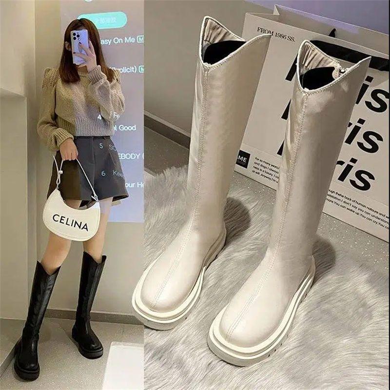 Knight boots women's 2025 autumn and winter popular long boots thick-soled long boots zipper riding boots high boots women's knee leather boots