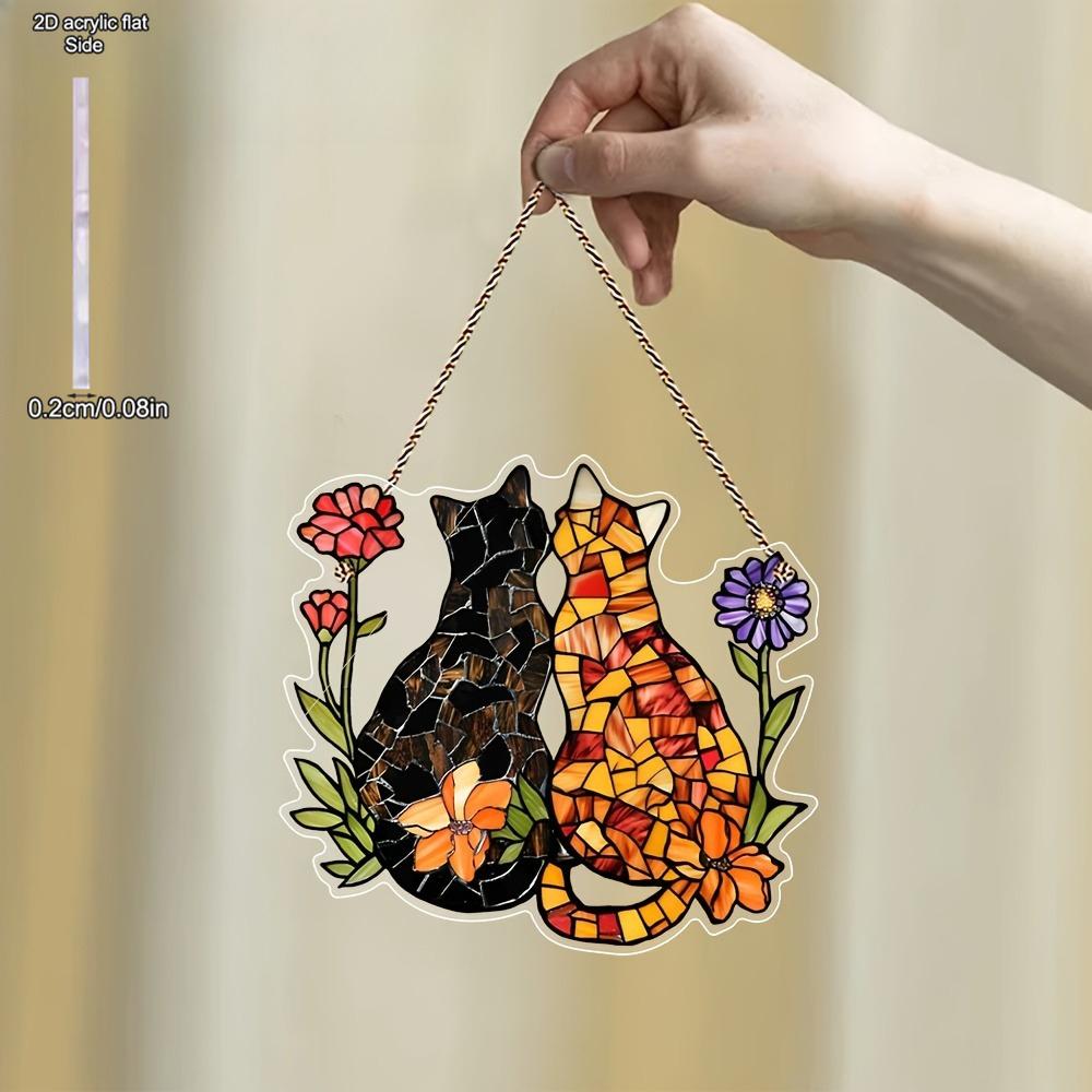Cat and Flower Colorful Window Hanging, Cat and Flower Sun Catching Window, Indoor and Outdoor Home Decoration Garden Decoration, Suitable for Wedding