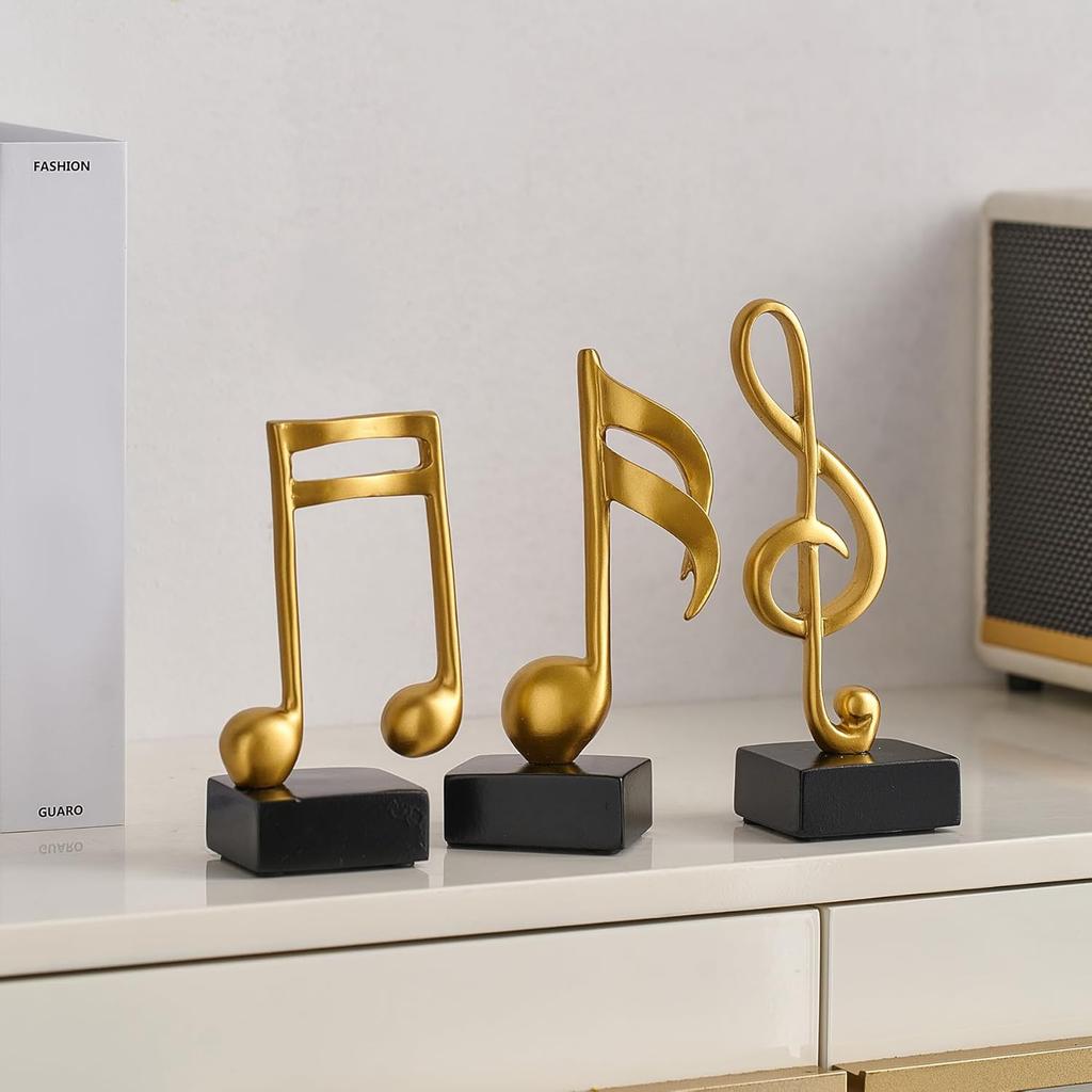 3 Pieces Gold Music Note Decor Sculptures Home Decor for Shelf Decor Aesthetic Resin Gold Music Note Statue Table Decorations for Living Room Office