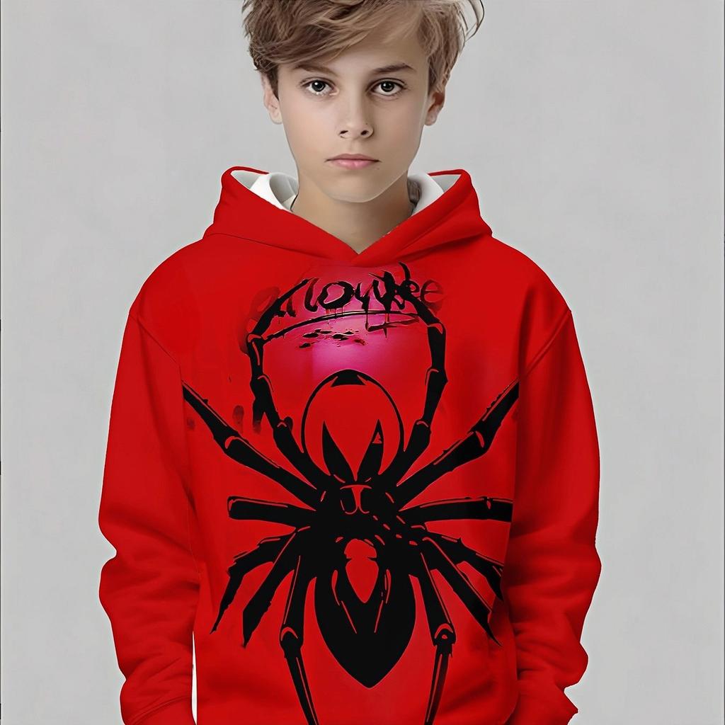 Boys' Red Hoodie - Black Spider Pattern and Graffiti Design, Spring and Autumn Casual Long Sleeve Hoodie