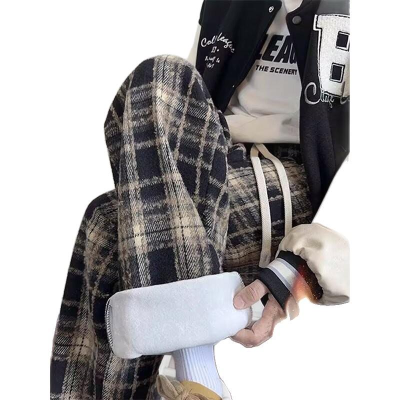 Mens Vintage Plaid Wool Blend Pants Fall Winter Fleece Lined Wide Leg Loose Casual Trousers