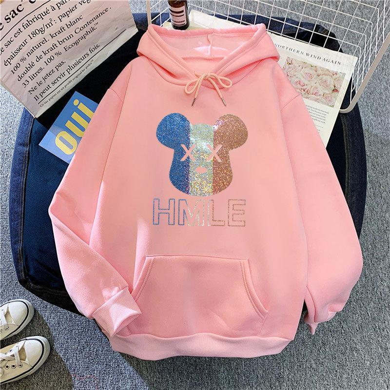 Winter Fall Women Fashion Cartoon Print Hooded Loose Velvet Warm Sweatshirt