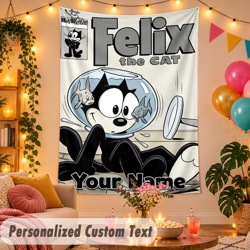 Felix the Cat Personalized Wall Tapestry Custom Name Text Polyester Hanging Decor Home Room