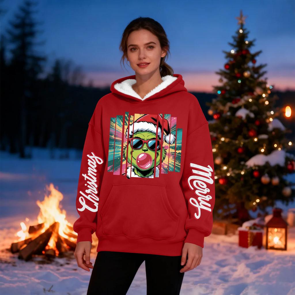 Women's Casual Fashion Plus Velvet Thickened Christmas Print Hooded Sweatshirt