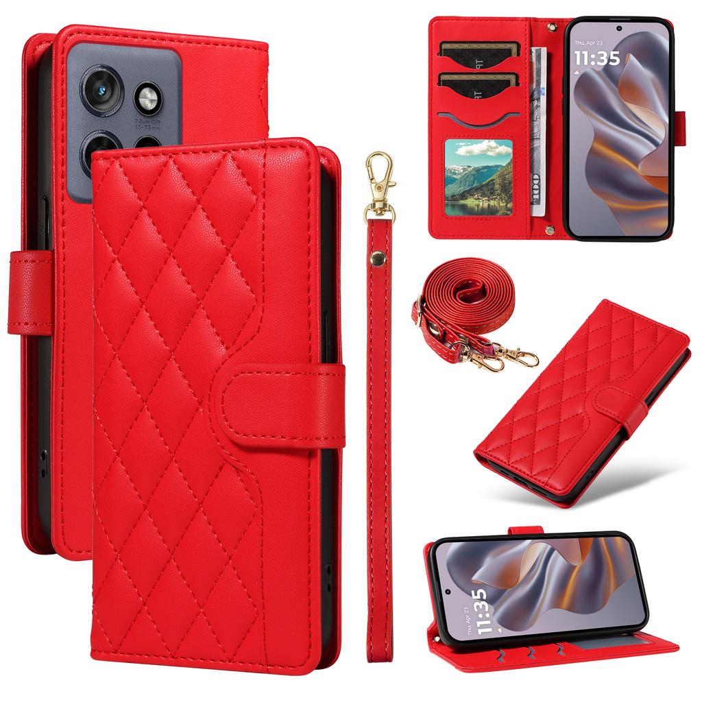 For Motorola Edge 50 Neo 5G/Moto S50 5G/Thinkphone 25 5G Case Wallet Rhombus Leather Phone Cover with Shoulder Strap,Wrist Strap