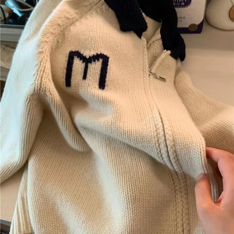 IHUASU Autumn and Winter Casual Knitted Wool Cardigan Jacket Women's Casual POLO Neck Zip Cashmere Jumper