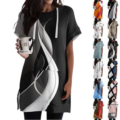 Γυναικεία φαρδιά πουκάμισα με εμπριμέ κοντομάνικο κορδόνι με κουκούλα πλεκτό στο πλάι με κουκούλα πουκάμισο με κουκούλα και τσέπη