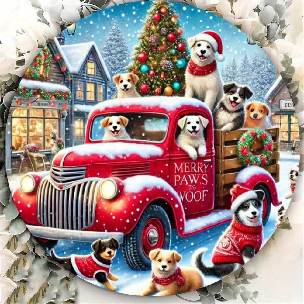Vintage Red Truck Dogs Christmas Iron Wall Art Round Holiday Home Decor