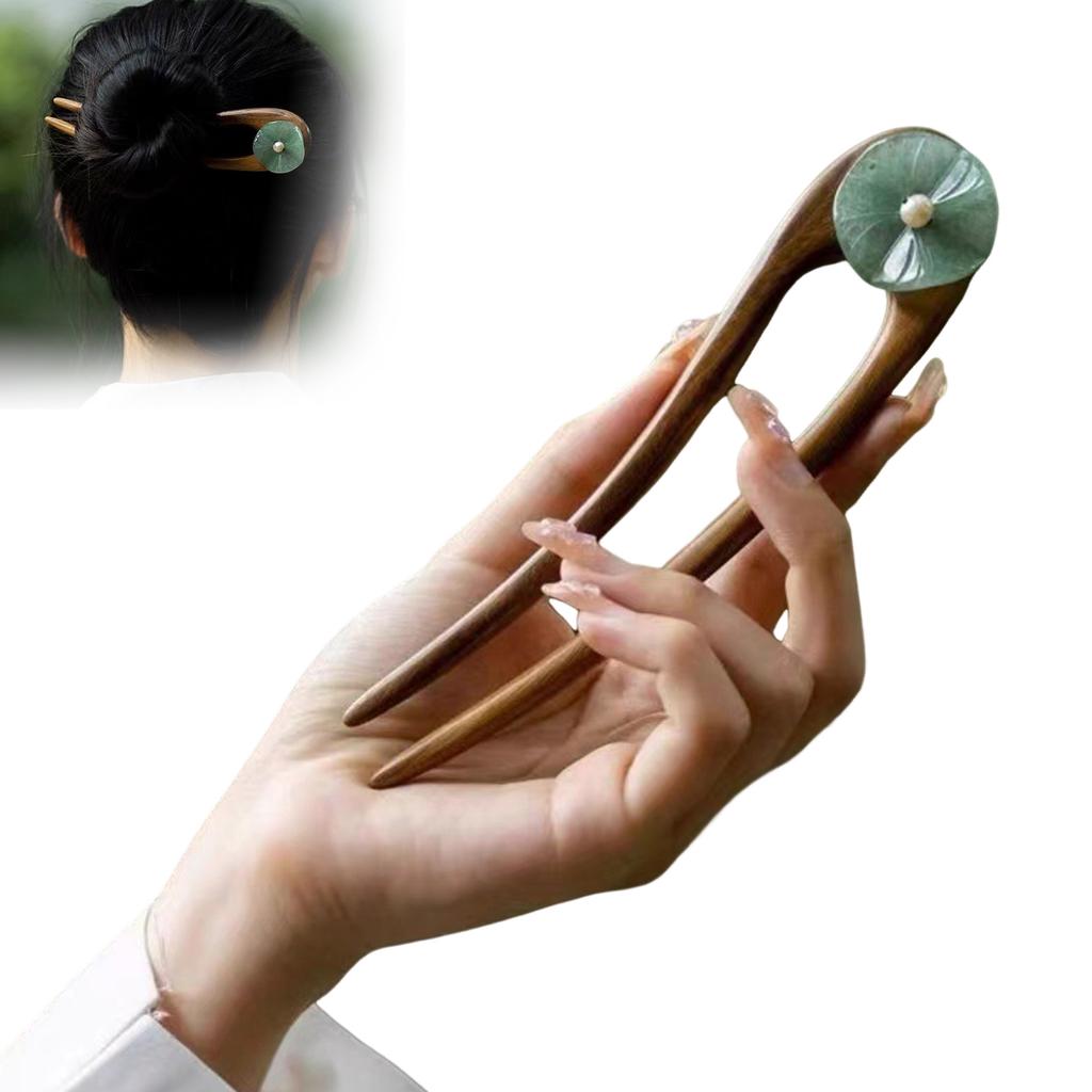 Prosta spinka do włosów w kształcie litery U dla kobiet Nowy chiński styl Jadeitowy liść lotosu Drewniana spinka do włosów Eleganckie akcesoria do włosów w stylu vintage Hanfu