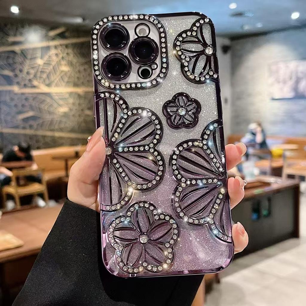 Geeignet für Ip16promax Galvanisierte Glitzerkante Diamant Blume Apple 13/14/15 Ölgemälde Blume Weiche Hülle