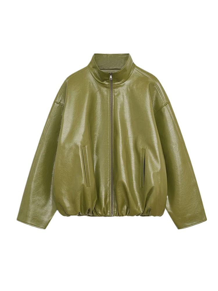 Women's Faux Leather Jacket in Retro Motorcycle Style Stand Up Collar Zipper Jacket Autumn Winter