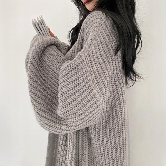 Women Knitted Sweater Coat V-Neck Long Sleeve Open Front Solid