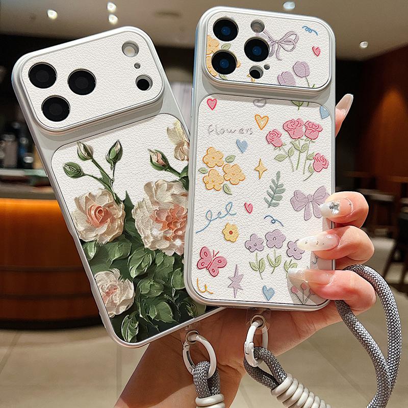 Black Lotus Floral Leather Lanyard Case For iPhone 18 Pro Max Hybrid TPU+PU Anti-skid Soft Cover For iPhone 17 16 15 14 13 Pro Max